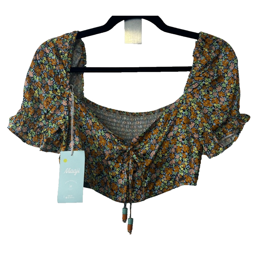 NEW Maaji Crop Top Size M Floral Blossom Brielle Smocked Stretch Satin D45